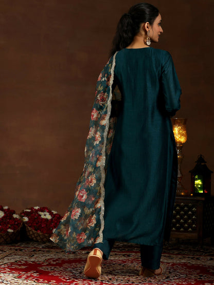 Women's LB Teal Embroidered Silk Blend Straight Suit With Dupatta