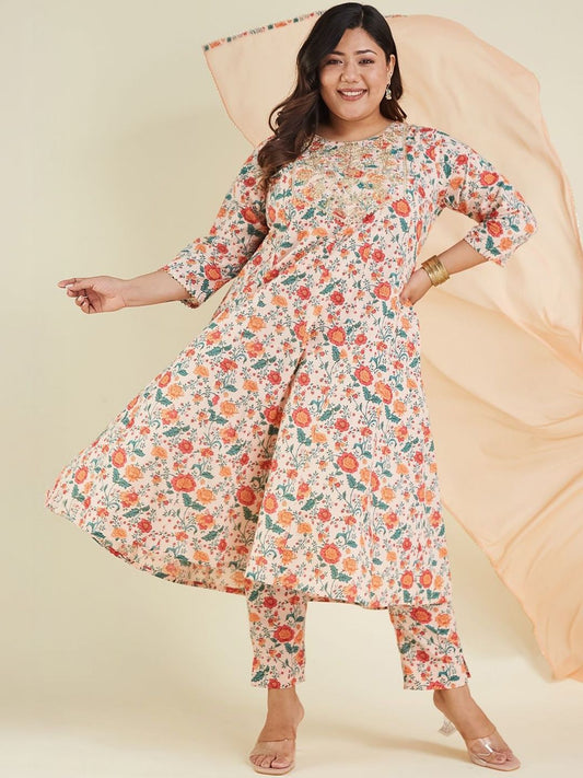 Dhiyona KL Women Floral Printed Regular Thread Work Pure Cotton Kurta with Trousers & With Dupatta