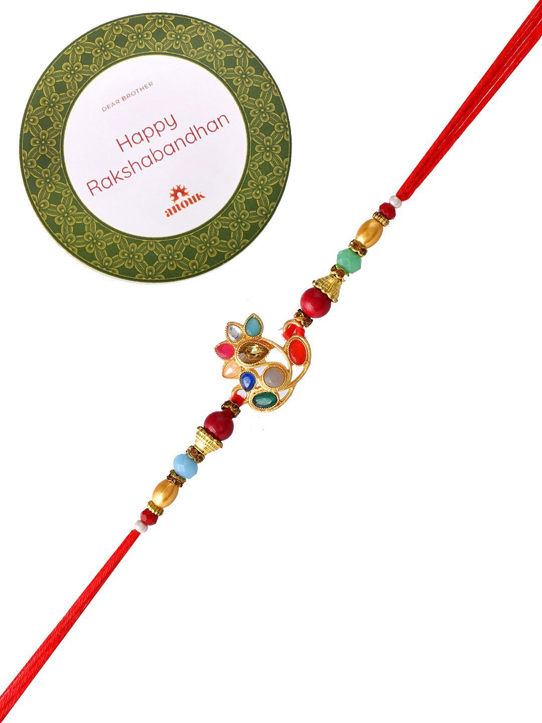 Dhiyona Red Beaded Embellished Rakhi With Roli Chawal & Greeting Card