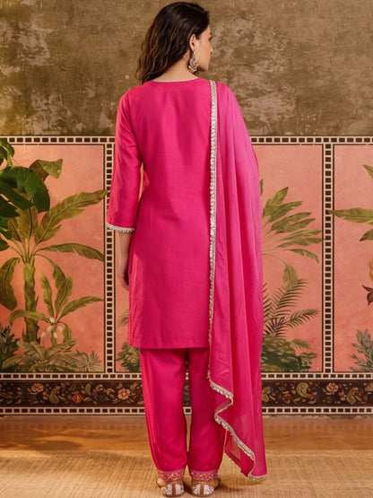 Women Pink Solid Print Embroidery & Sequinned Work Kurta Afagani Salwar & Dupatta