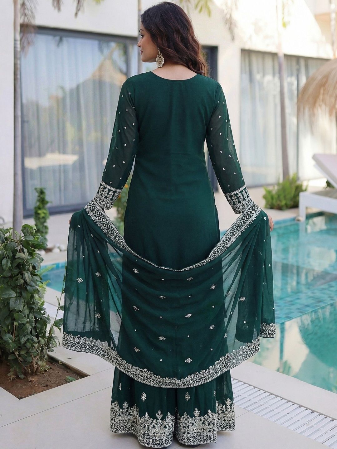 Dhiyona SN Embroidered Round Neck Straight Kurta & Sharara With Dupatta