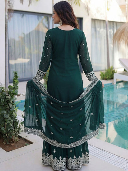 Dhiyona SN Embroidered Round Neck Straight Kurta & Sharara With Dupatta