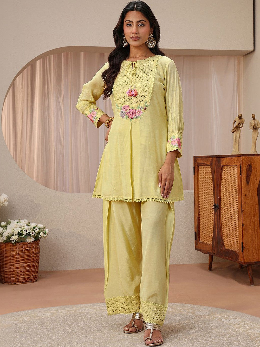 Yellow Floral Embroidered A-Line Kurta Set