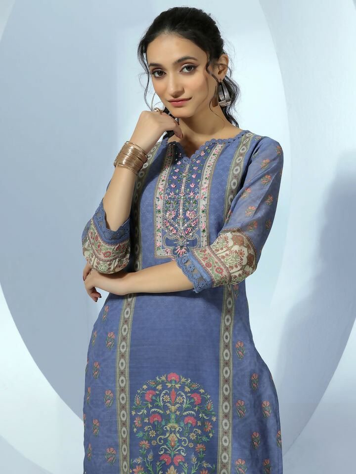 Women's LB Blue Printed Linen Straight Suit With Dupatta