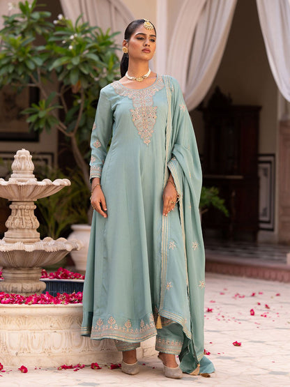 Dhiyona CH Floral Embroidered Mirror Work Chinon Anarkali Kurta With Trousers & Dupatta