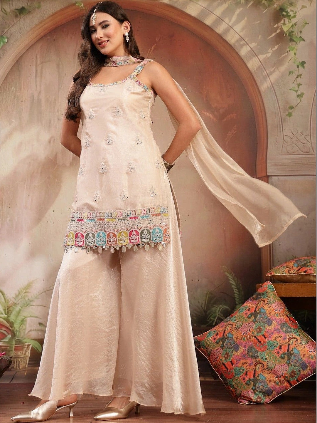 Women Ethnic Motifs Embroidered Regular Mirror Work Kurta with Sharara & With Dupatta