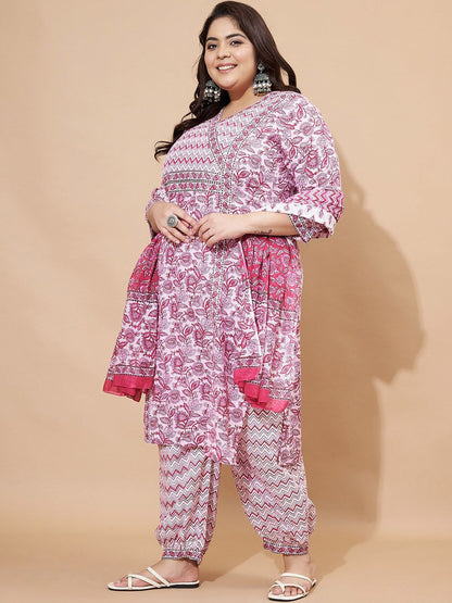 Dhiyona KL Floral Printed Regular Pure Cotton Straight Kurta With Trousers & Dupatta