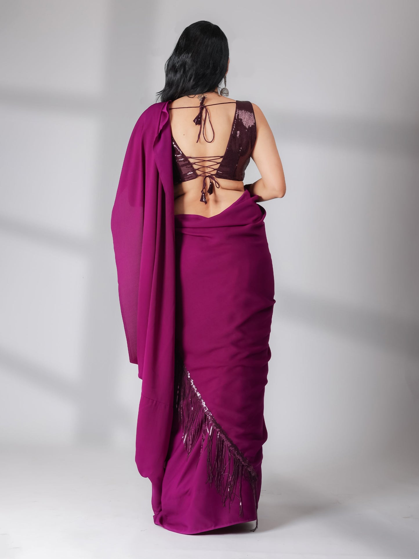 Dhiyona ST SET | Cocktail Plum Saree With Wine Sequin Sleeveless Blouse - 2 Piece