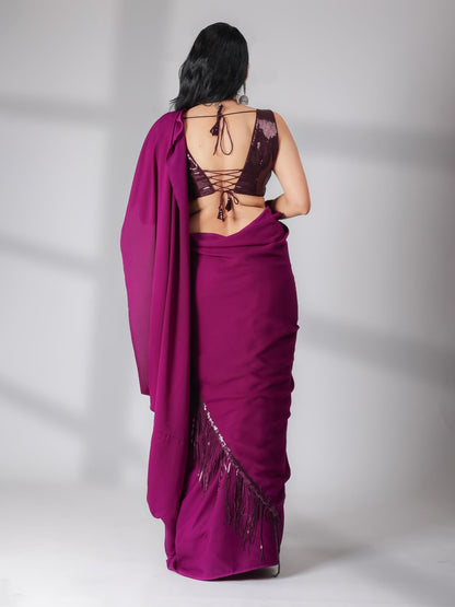 Dhiyona ST SET | Cocktail Plum Saree With Wine Sequin Sleeveless Blouse - 2 Piece