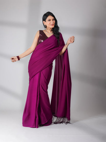 Dhiyona ST SET | Cocktail Plum Saree With Wine Sequin Sleeveless Blouse - 2 Piece