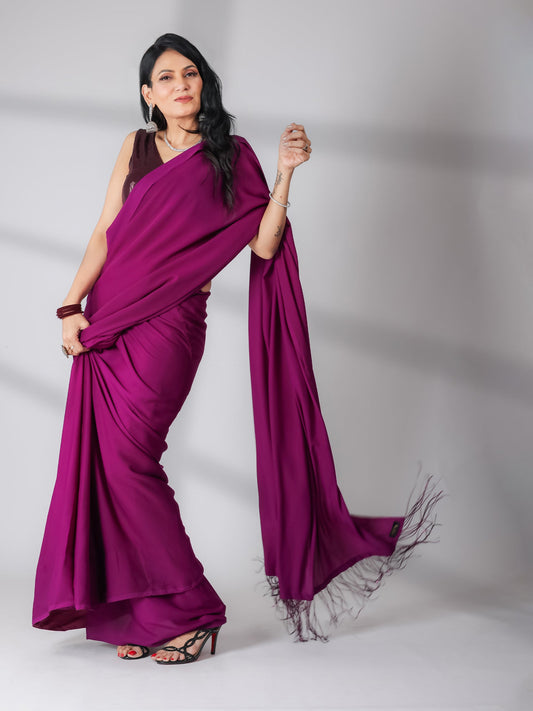 Dhiyona ST SET | Cocktail Plum Saree With Wine Sequin Sleeveless Blouse - 2 Piece