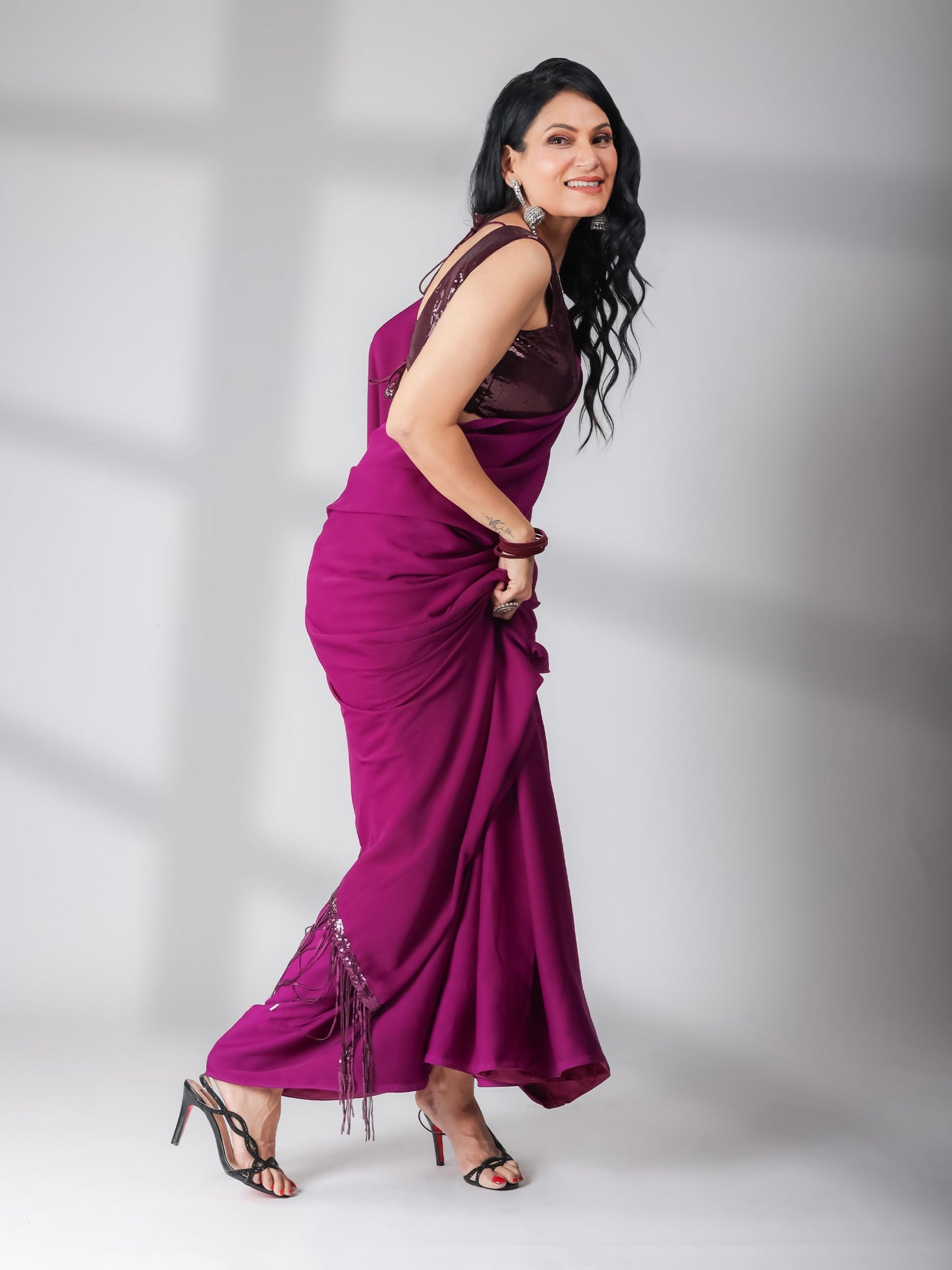 Dhiyona ST SET | Cocktail Plum Saree With Wine Sequin Sleeveless Blouse - 2 Piece