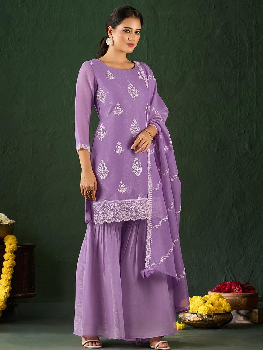 Dhiyona KL Women Ethnic Motifs Embroidered Thread Work Kurta With Sharara & With Dupatta