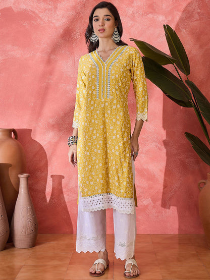 Women Floral Embroidered Cotton Kurta with Trousers & Dupatta