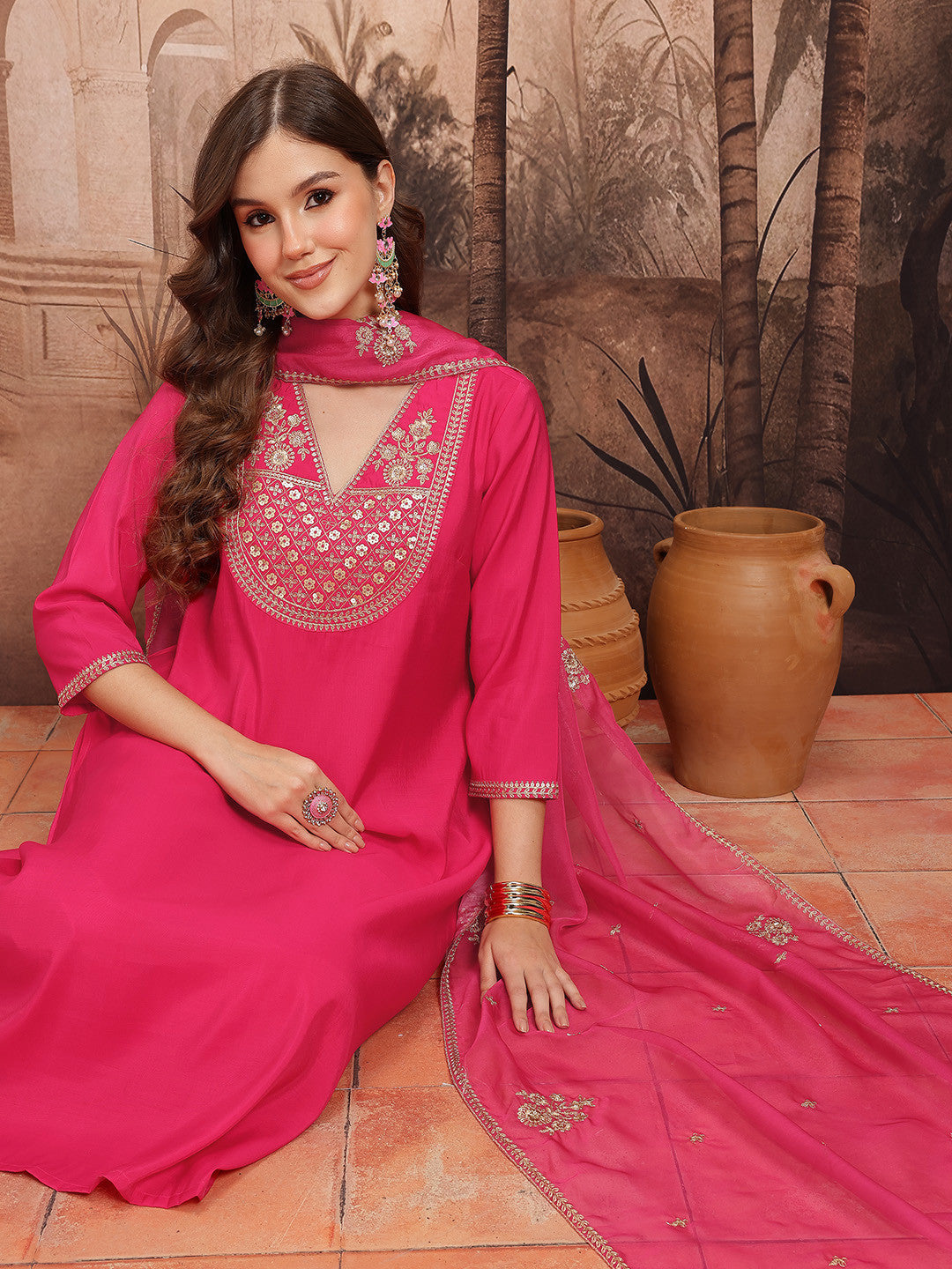 Ethnic Motifs Embroidered Sequinned V-Neck A-Line Kurta with Trousers & Dupatta