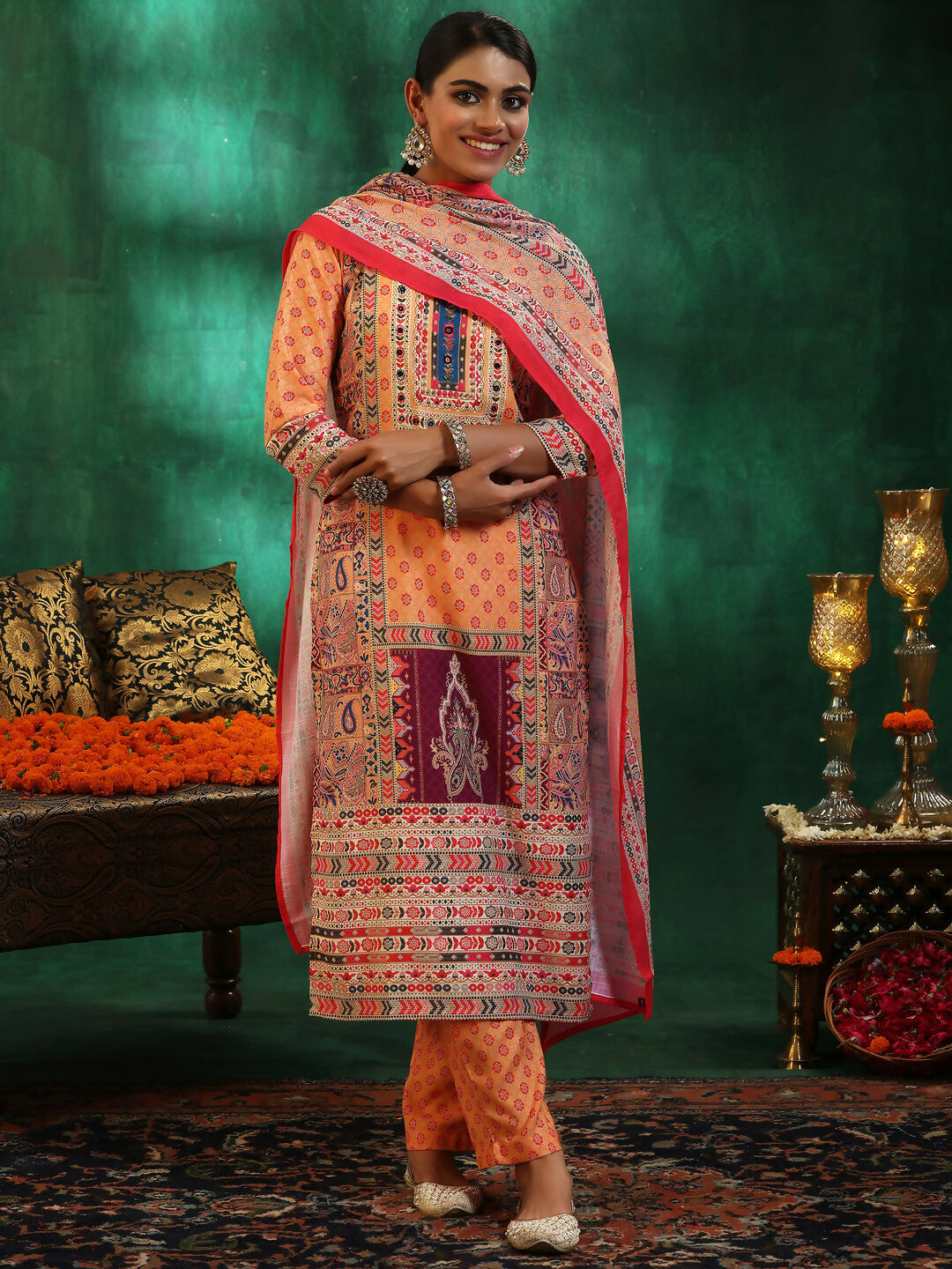 Women's LB Multicoloured Printed Linen Straight Suit With Dupatta