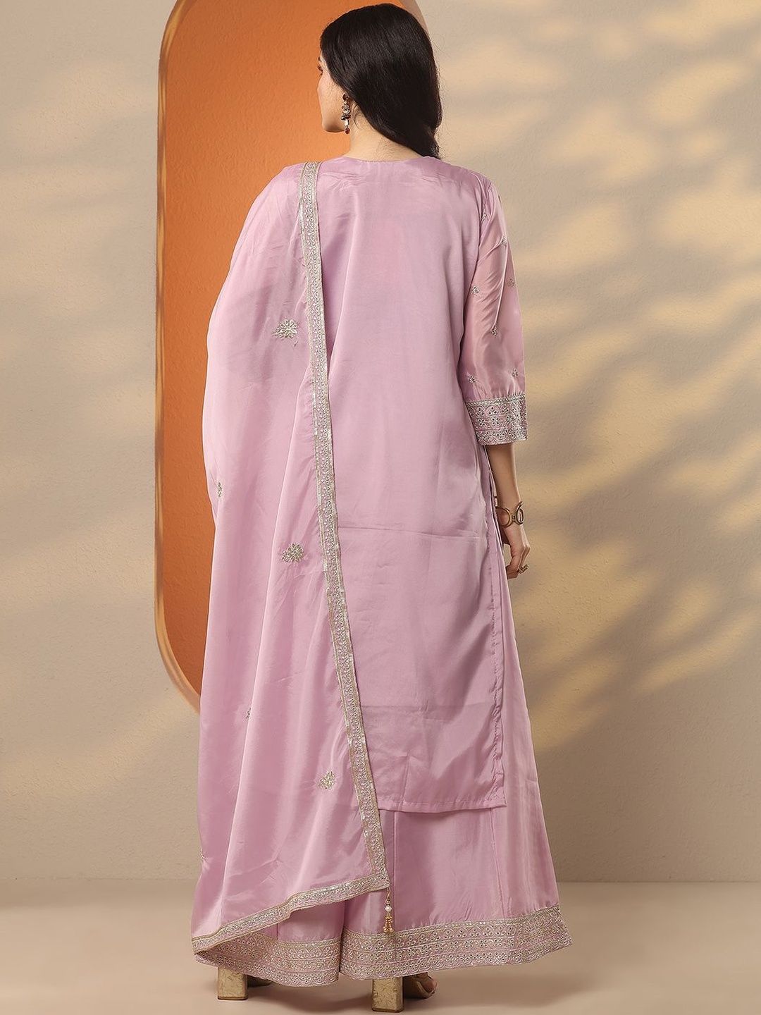Dhiyona LL Ethnic Motifs Embroidered Organza Straight Kurta With Palazzos & Dupatta