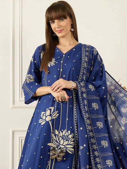 Women Floral Printed Regular Thread Work Pure Cotton Kurta with Trousers & With Dupatta