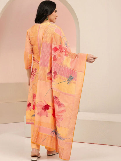 Peach Floral Printed Muslin Straight Suit Set