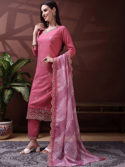 Embroidered Sweetheart Neck Kurta & Trousers With Dupatta