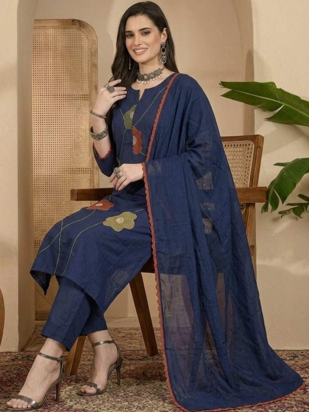 Embroidered Cotton Round Neck Kurta & Trousers With Dupatta