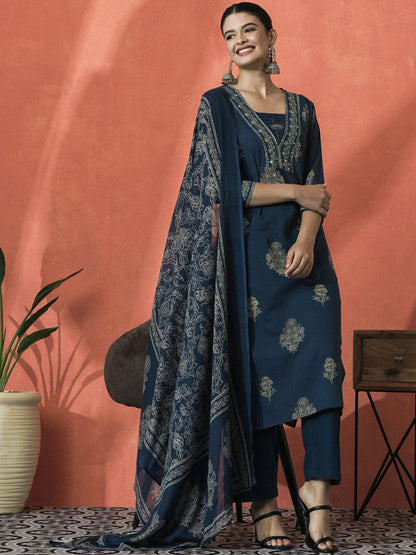 Dhiyona SN Women's Floral Printed Notch Neck Pure Cotton Straight Kurta With Trouser And Dupatta