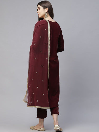 Dhiyona KL Women Ethnic Motifs Embroidered Work Velvet Kurta & Trousers With Dupatta