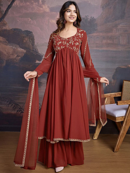 Dhiyona HOP Floral Embroidered Sequinned Georgette Kurta With Sharara & Dupatta