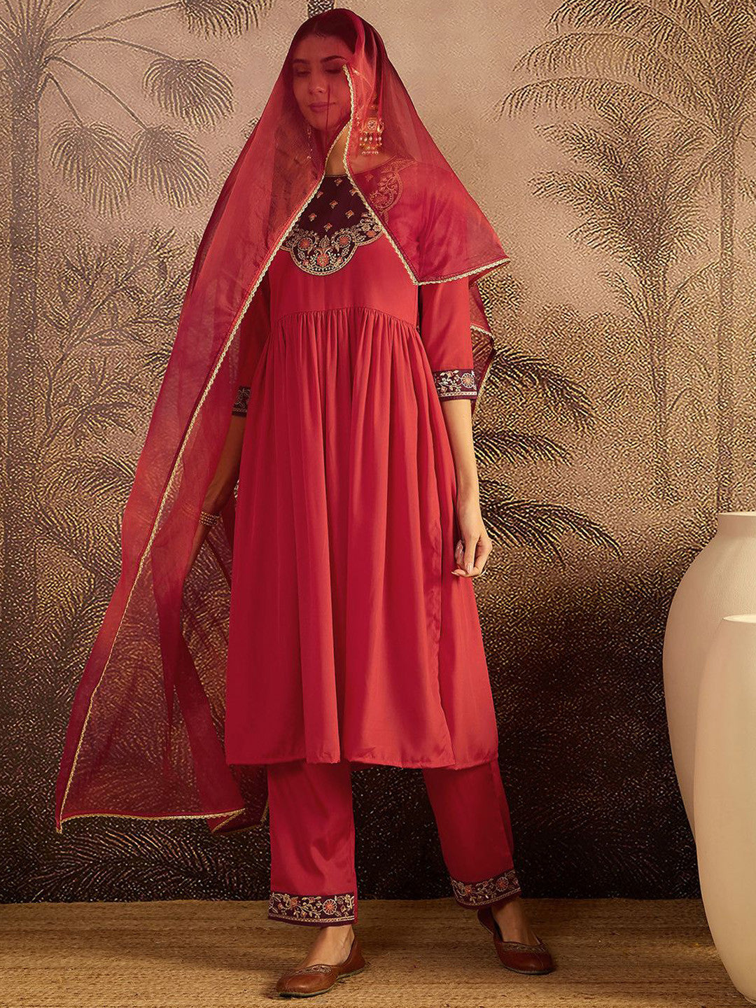 Floral Embroidered Sequinned Thread Work Kurta With Trousers & Dupatta