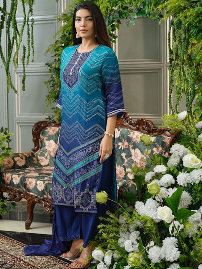 Geometric Printed Thread Work Straight Kurta with Trouser & Dupatta