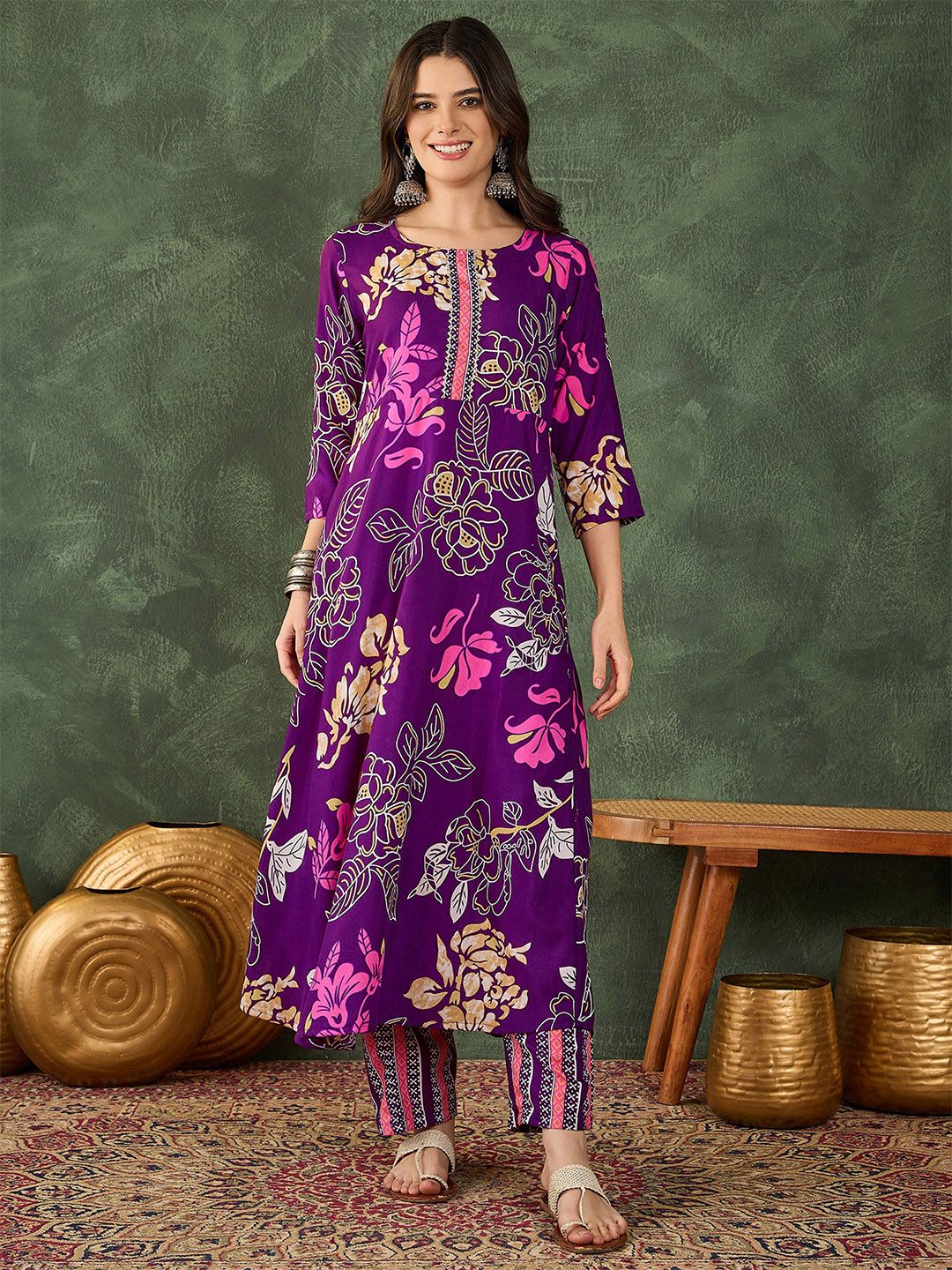 Dhiyona KL Women Printed Flared Kurta with Pant and Dupatta