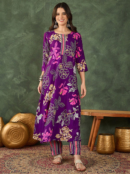 Dhiyona KL Women Printed Flared Kurta with Pant and Dupatta