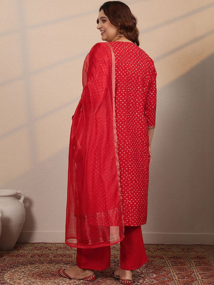 Dhiyona Women's Plus Size Printed Sequinned Straight Kurta With Trousers & Dupatta
