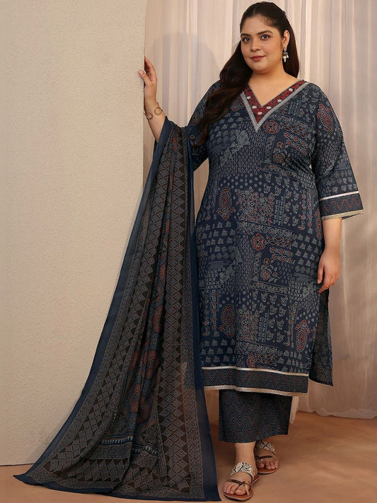 Dhiyona Women's Plus Size Ethnic Motifs Printed Kurta with Trousers & Dupatta