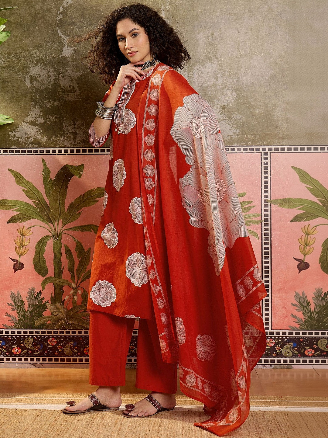 Printed Cotton Round Neck Kurta & Trousers With Dupatta