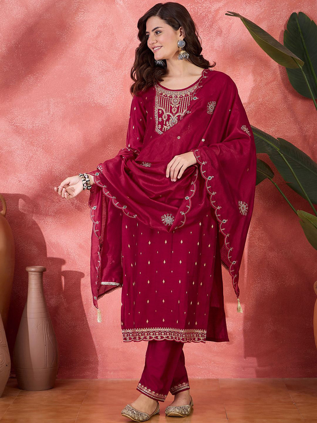Floral Embroidered Round Neck Sequinned Straight Kurta With Trousers & Dupatta