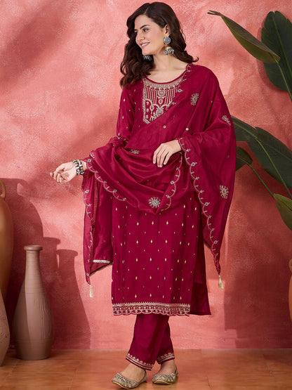 Floral Embroidered Round Neck Sequinned Straight Kurta With Trousers & Dupatta
