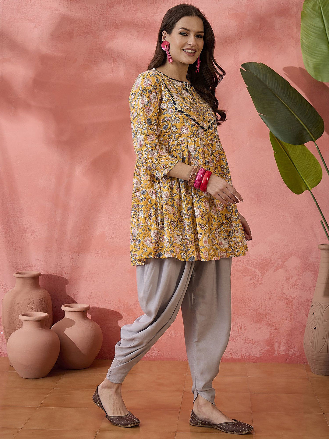 Mustard Floral Printed Pure Cotton Empire Style Anarkali Kurti & Dhoti Pant Set