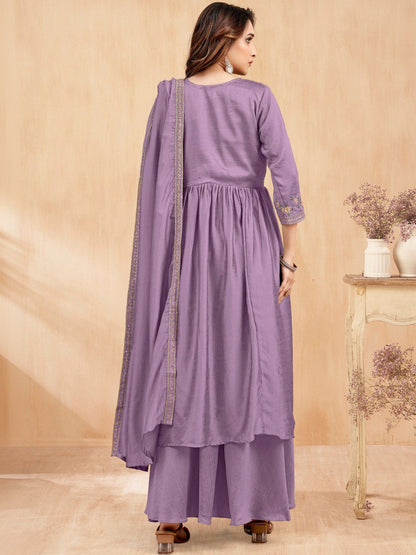 Embroidered V-Neck Kurta & Palazzos With Dupatta