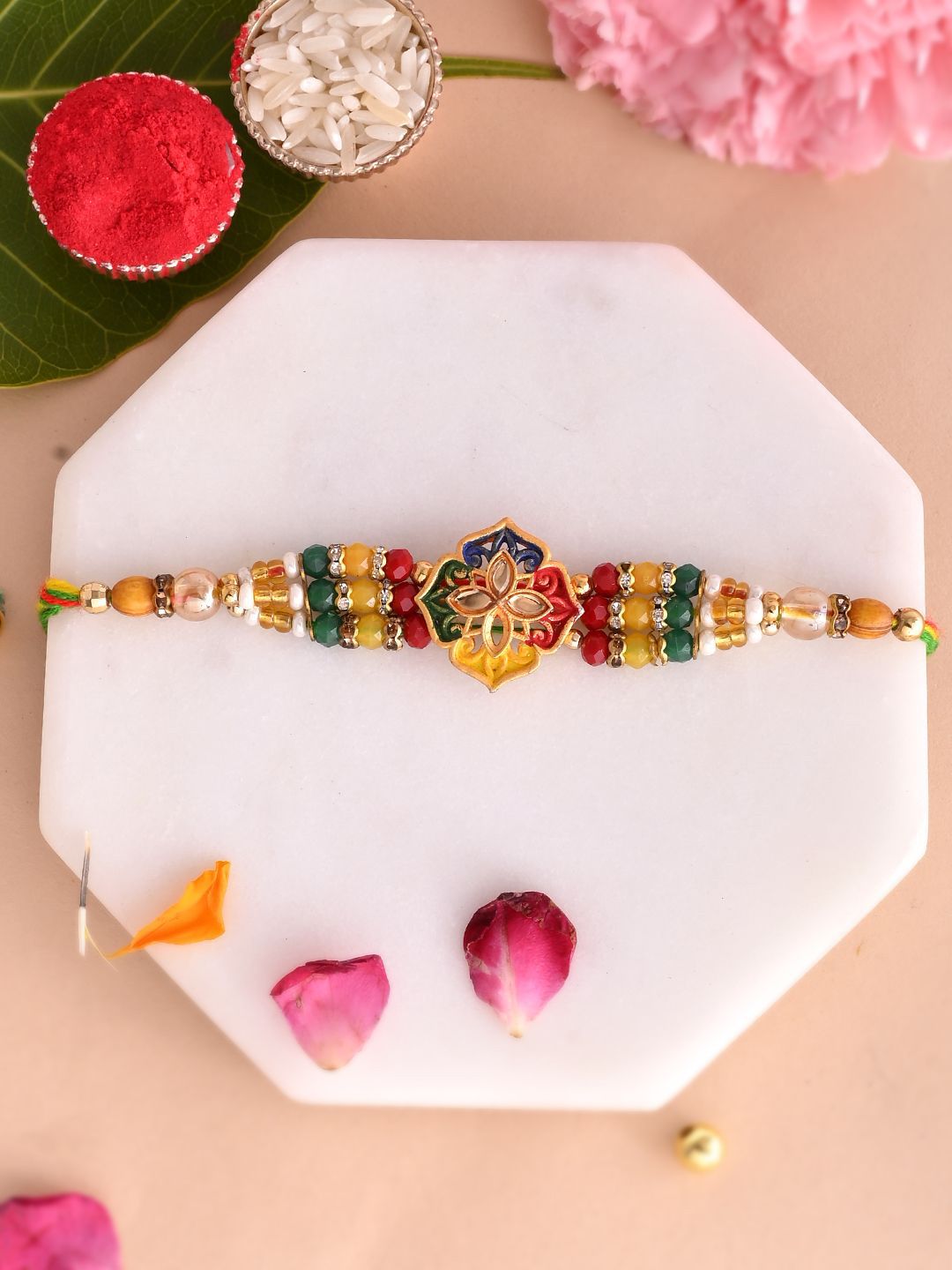 Dhiyona Green Stone Studded & Beaded Thread Rakhi With Roli Chawal With Greeting Card