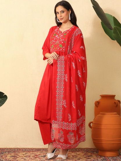 Women Floral Embroidered Empire Mirror Work Pure Cotton Kurta with Trousers & With Dupatta