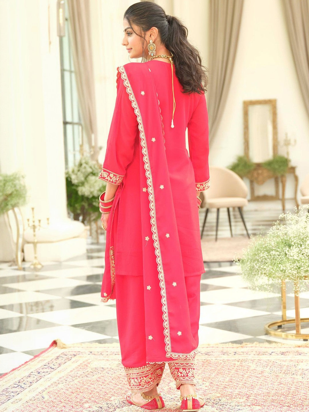 Ethnic Motifs Embroidered Round Neck Zari Kurta With Patiala & Dupatta