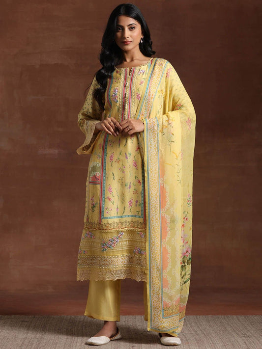 Dhiyona LL Floral Printed Notch Neck Beads And Stones Straight Kurta With Palazzos And Dupatta