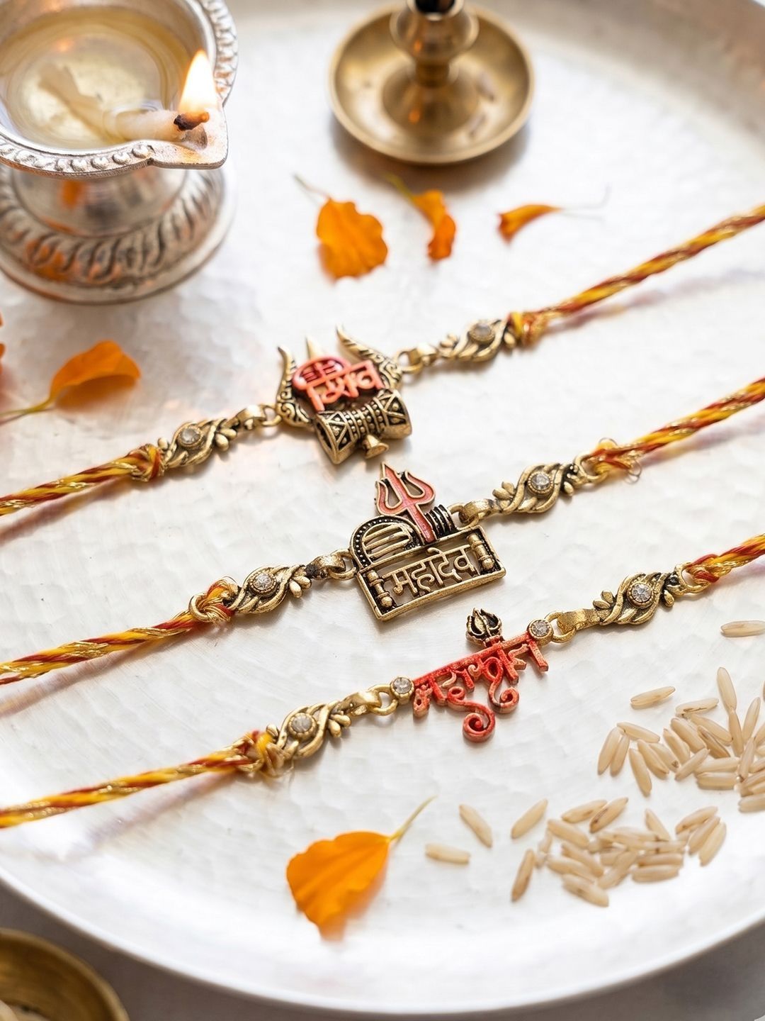 Dhiyona Set Of 3 Multicolor Mahadev Divine Thread Rakhi With Roli Chawal Chandan Mishri