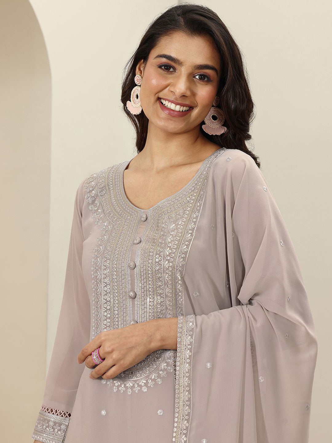 Ethnic Motifs Embroidered Round Neck Sequinned Kurta With Palazzos & Dupatta