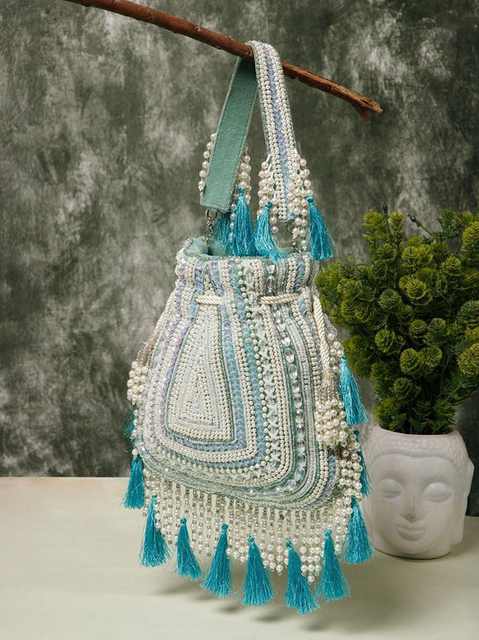 Dhiyona NR Dewdrop Fringe Embellished Tasselled Velvet Potli Clutch