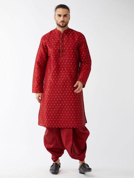 Men's Maroon Silk Blend Straight Kurta and Dhoti Set