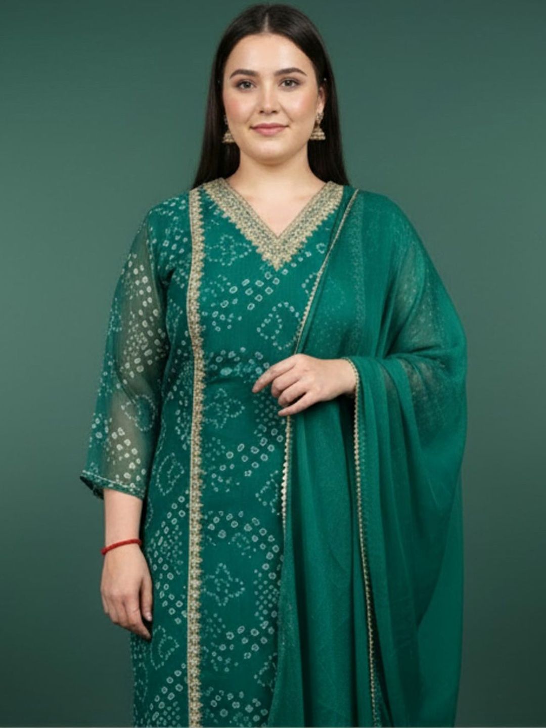 Dhiyona Women's Bandhani Printed Regular Gotta Patti Kurta with Trousers & With Dupatta