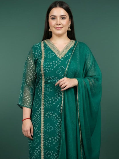 Dhiyona Women's Bandhani Printed Regular Gotta Patti Kurta with Trousers & With Dupatta