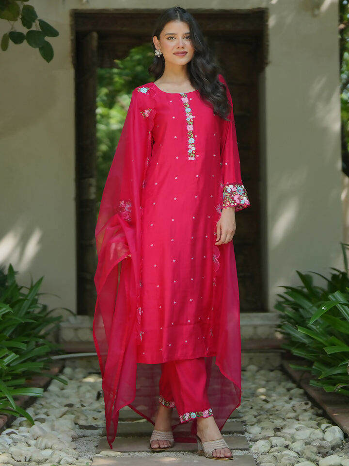 Women's LB Red Embroidered Silk Blend Straight Suit With Dupatta